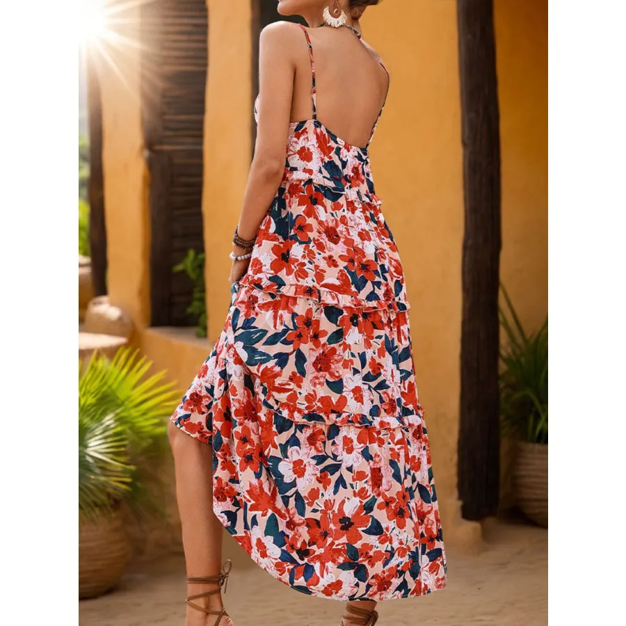 Frill Backless Printed Sleeveless Midi Dress