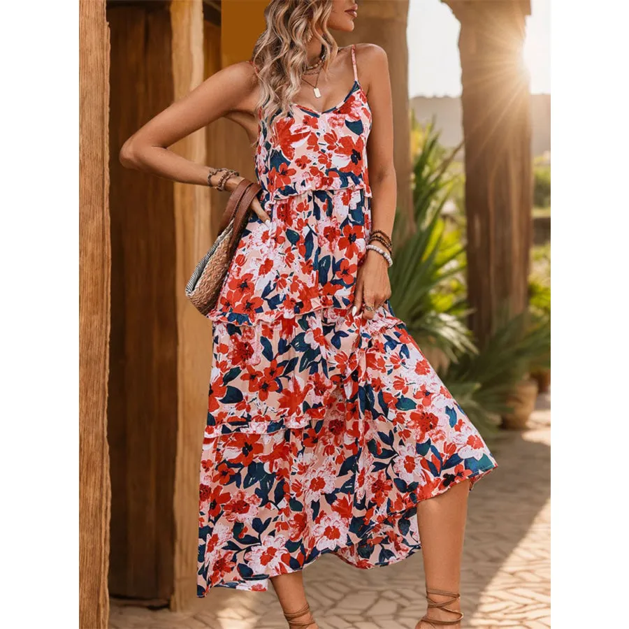 Frill Backless Printed Sleeveless Midi Dress