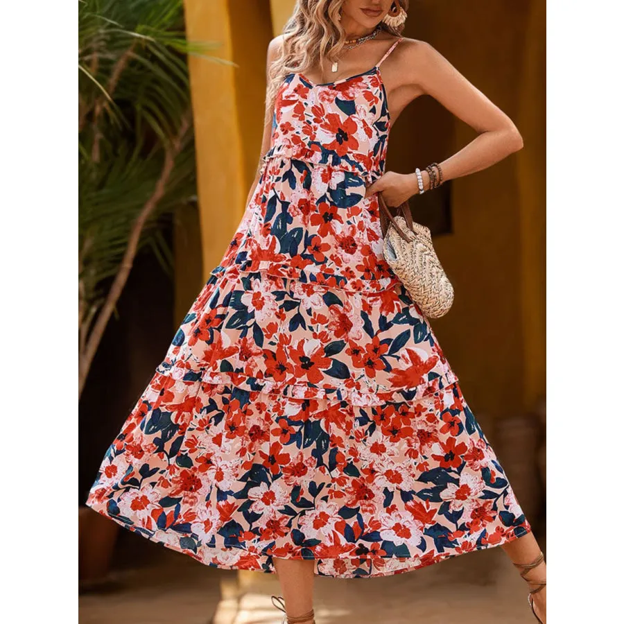 Frill Backless Printed Sleeveless Midi Dress