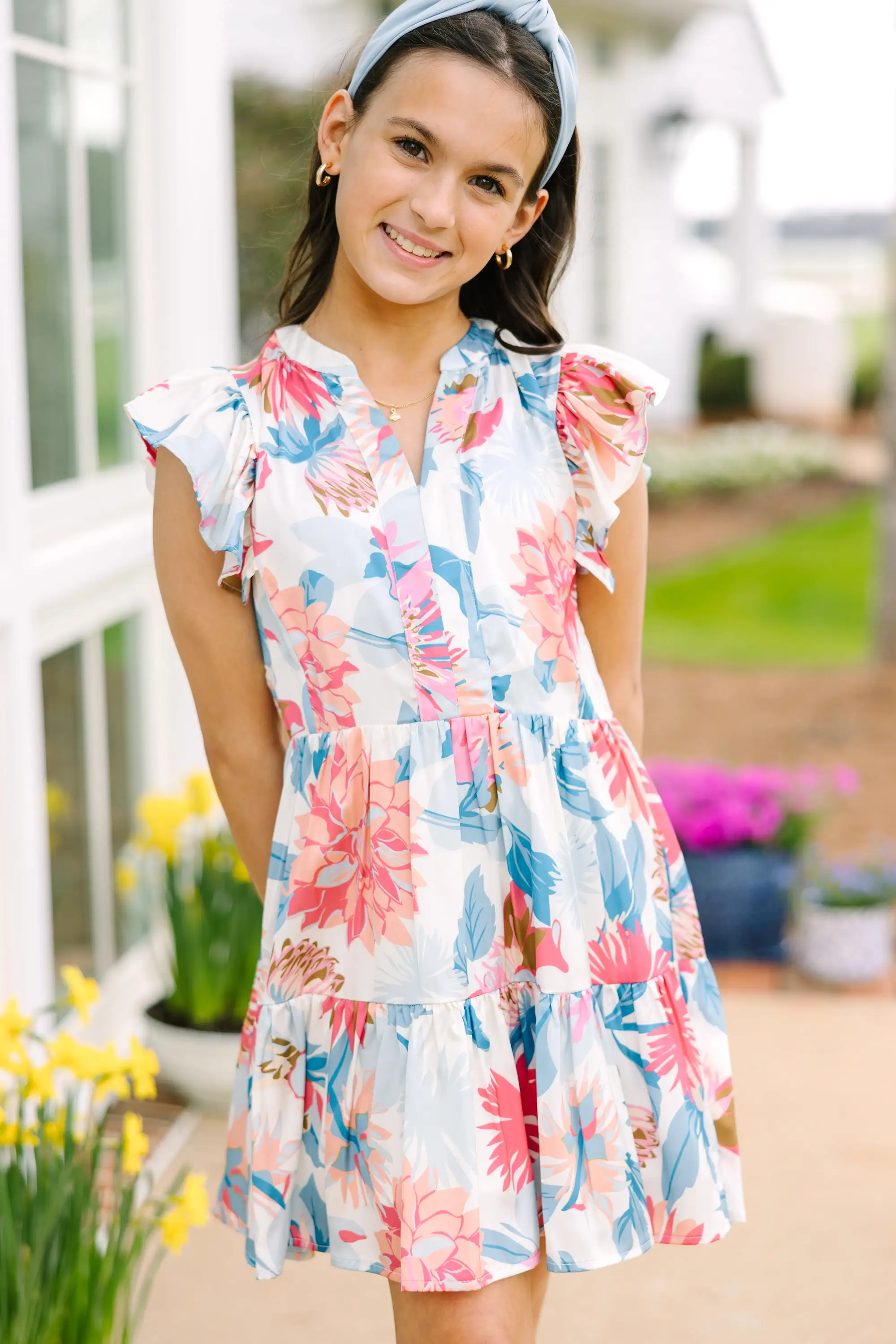 Girls: At This Time Blue Peach Combo Floral Babydoll Dress