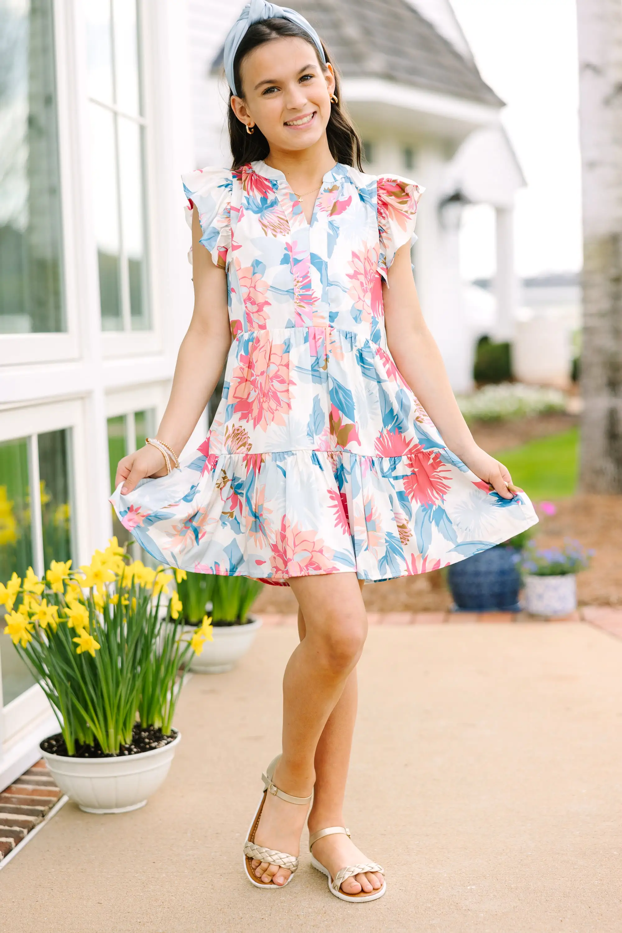 Girls: At This Time Blue Peach Combo Floral Babydoll Dress