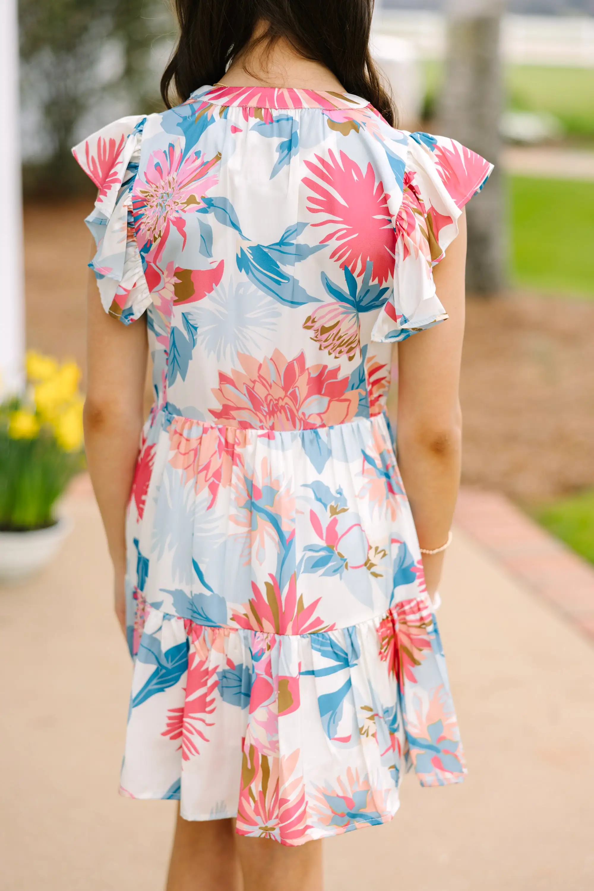 Girls: At This Time Blue Peach Combo Floral Babydoll Dress