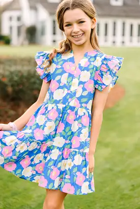 Girls: At This Time Blue Pink Combo Floral Babydoll Dress