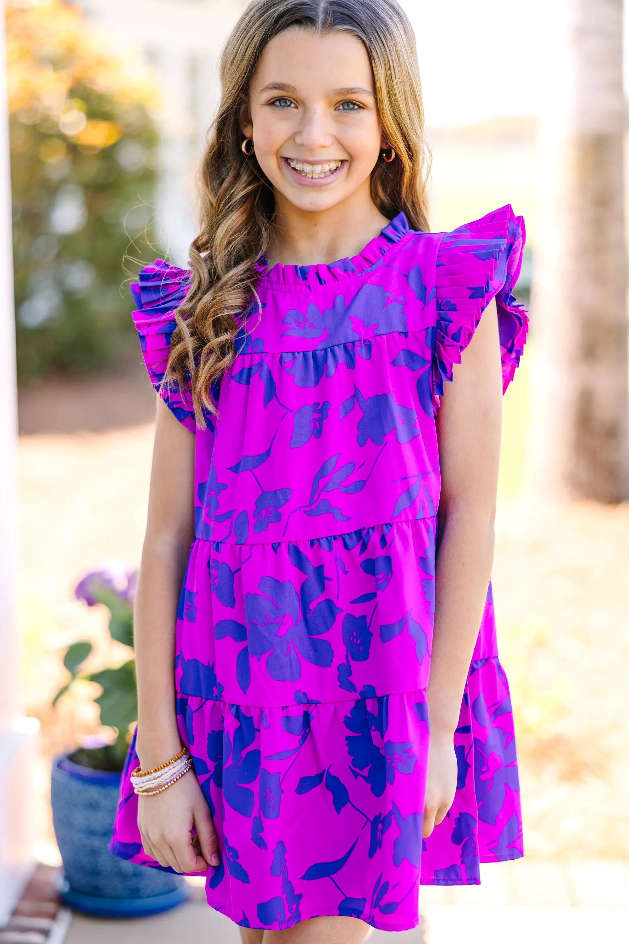 Girls: Make My Day Magenta Purple Floral Babydoll Dress