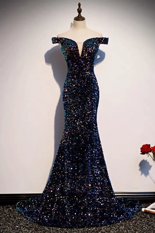 Glitter navy Sequins Off Shoulders Tight Fit Formal Prom Dress