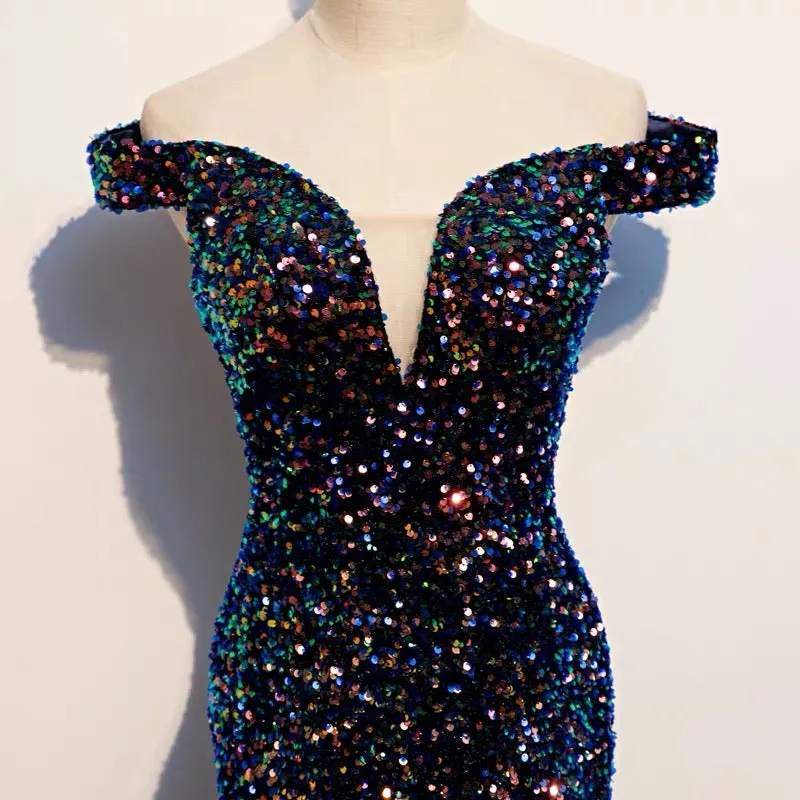 Glitter navy Sequins Off Shoulders Tight Fit Formal Prom Dress