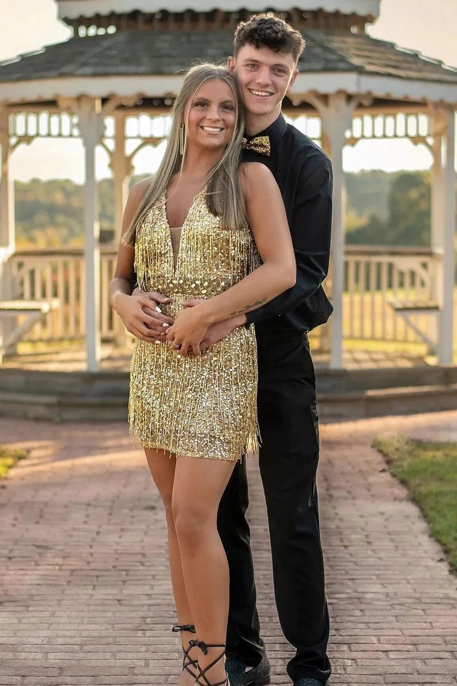 Gold Sequins Plunge-V Beads Tassels Homecoming Dress