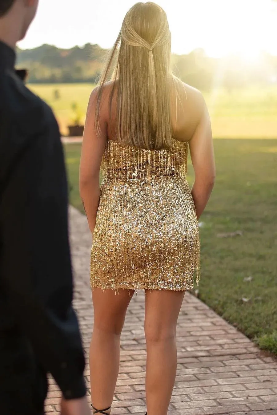 Gold Sequins Plunge-V Beads Tassels Homecoming Dress