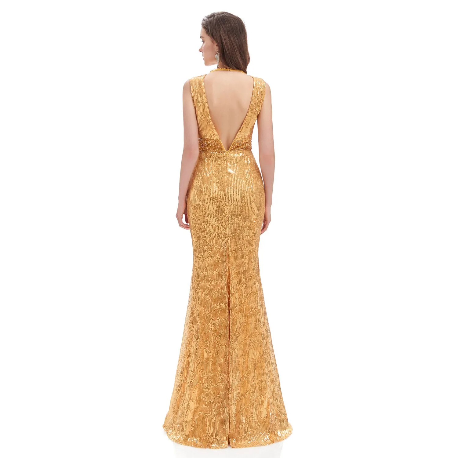 Gold Sparkly Sequins Fitted Maxi Prom Formal Dress EN4605