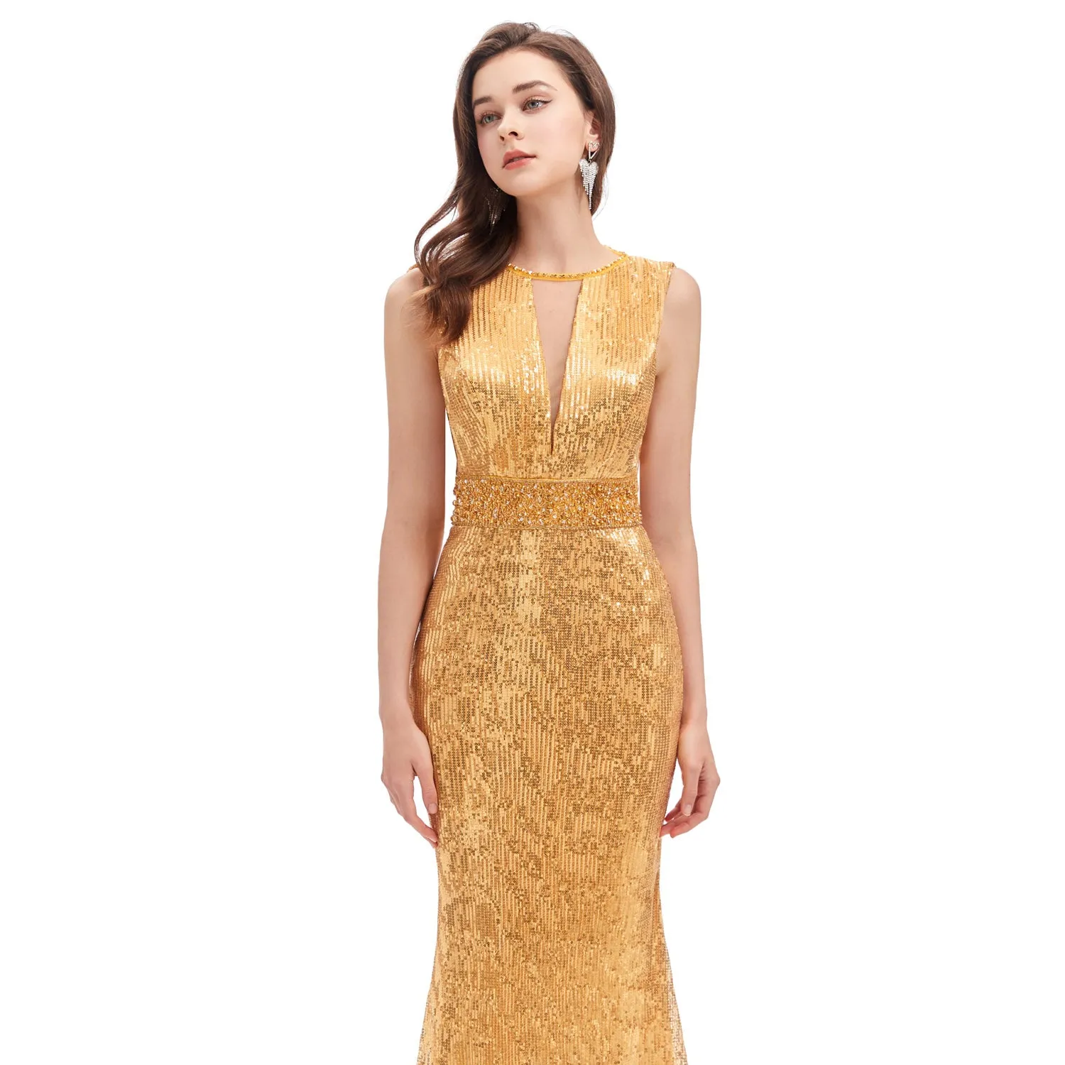 Gold Sparkly Sequins Fitted Maxi Prom Formal Dress EN4605