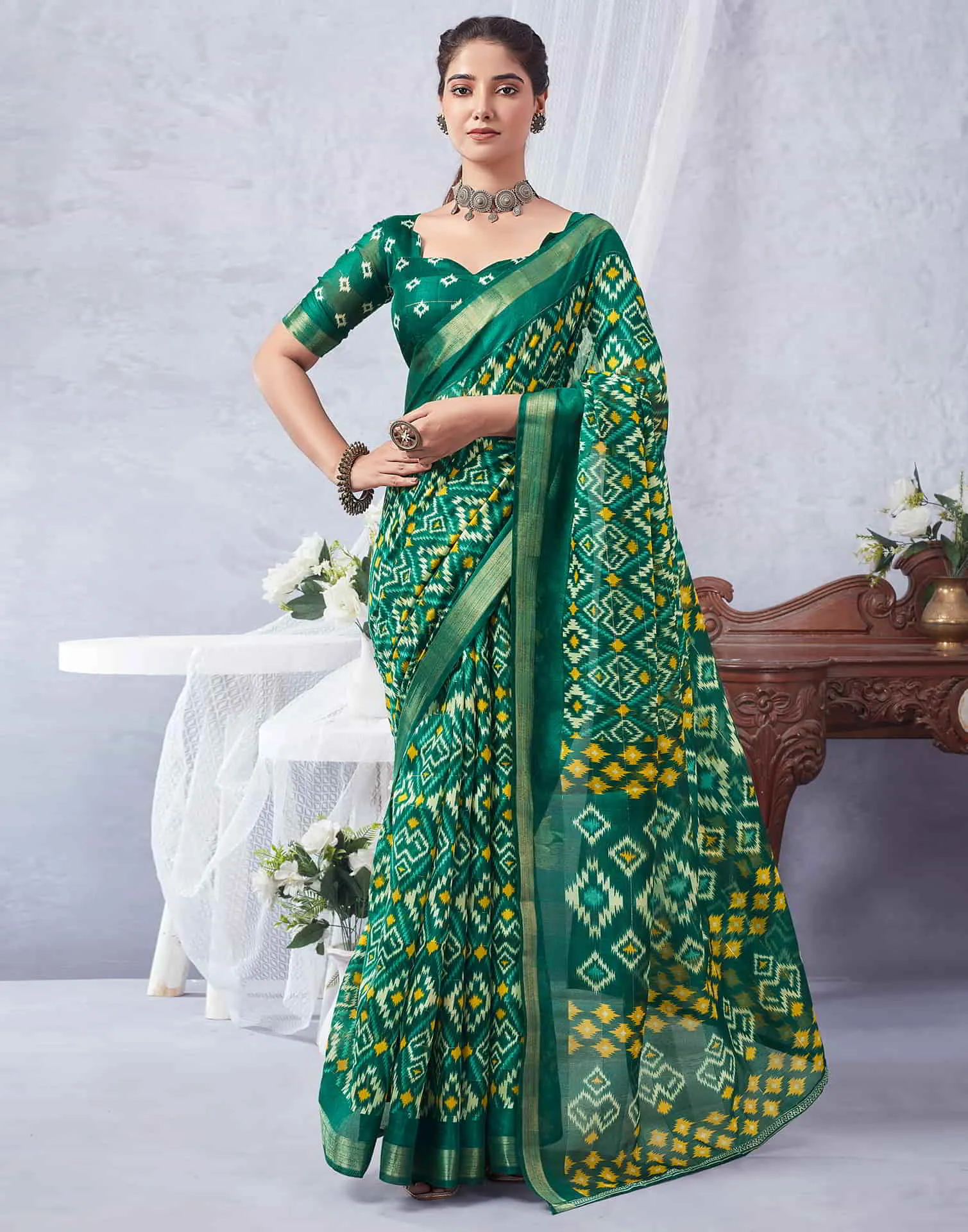 Green Printed Cotton Geometric Saree