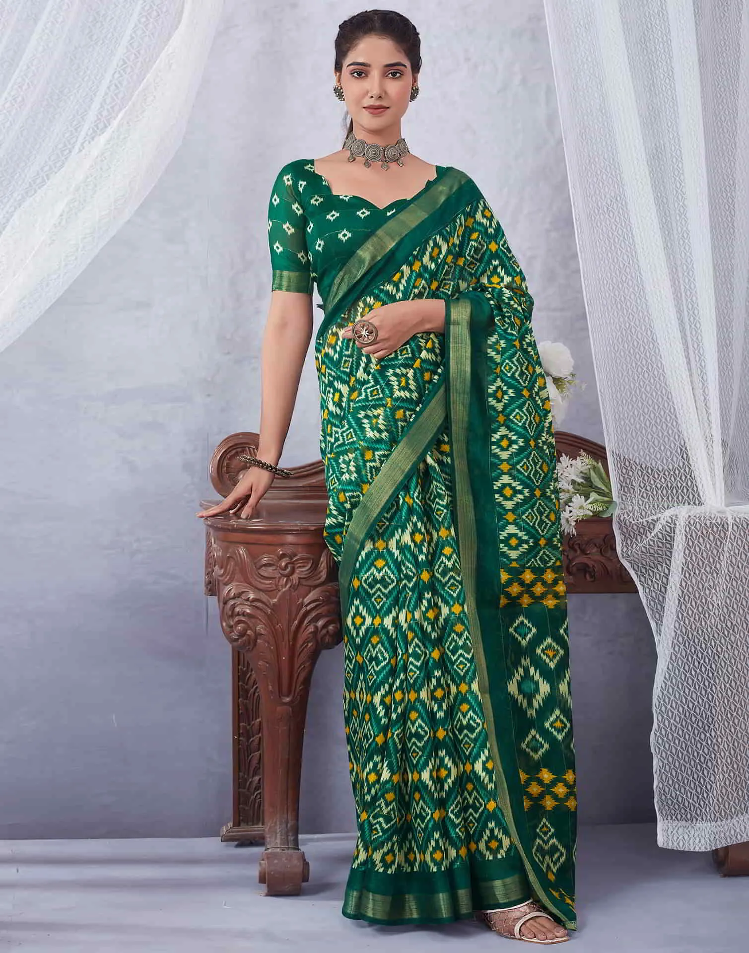 Green Printed Cotton Geometric Saree