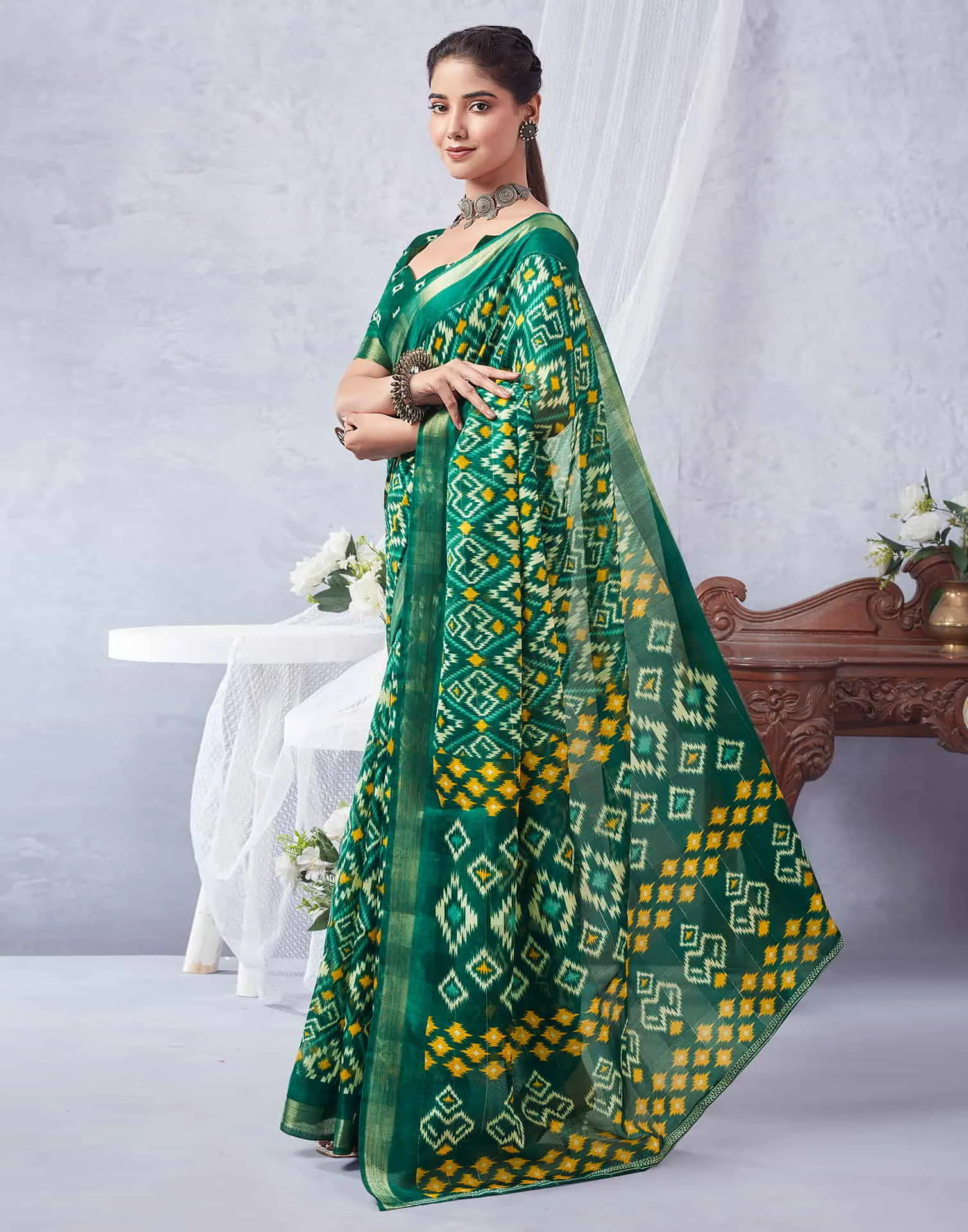 Green Printed Cotton Geometric Saree