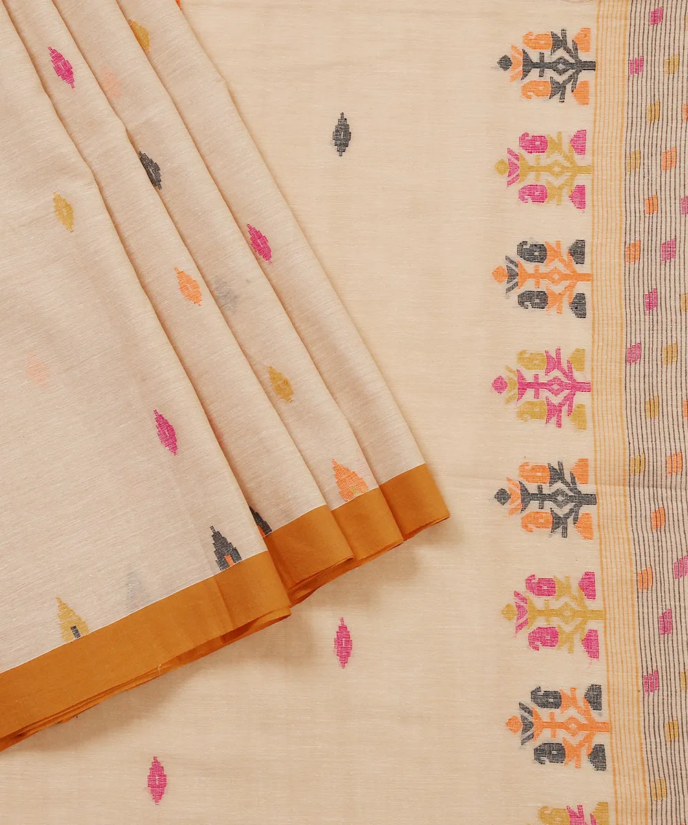 Handloom Beige Colour Cotton Jamdani Saree With Box Stripe Woven On Pallu