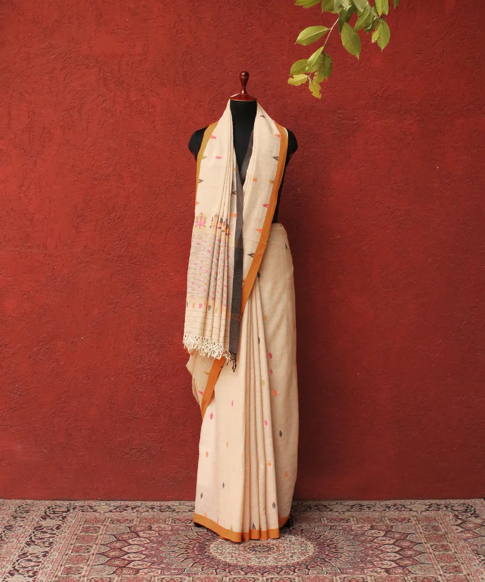 Handloom Beige Colour Cotton Jamdani Saree With Box Stripe Woven On Pallu