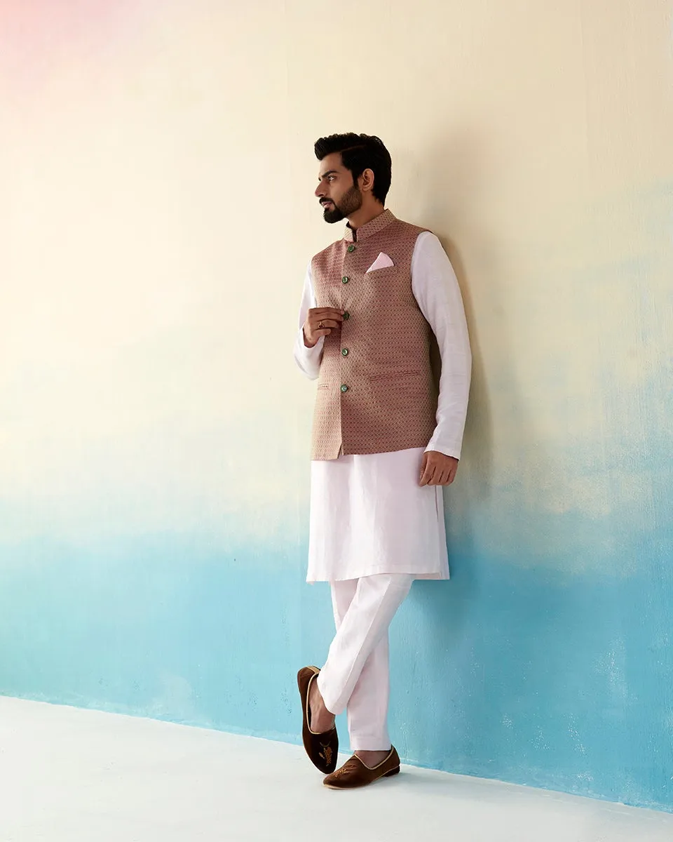 Handloom Pista And Pink Dual Tone Pure Katan Silk Tanchoi Banarasi Nehru Jacket