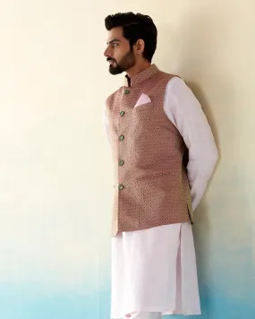 Handloom Pista And Pink Dual Tone Pure Katan Silk Tanchoi Banarasi Nehru Jacket