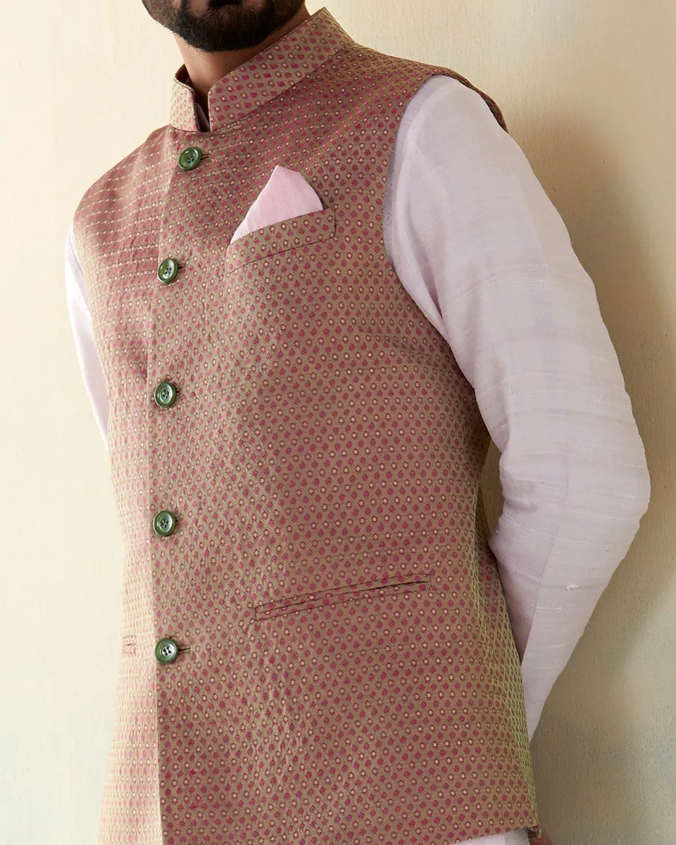 Handloom Pista And Pink Dual Tone Pure Katan Silk Tanchoi Banarasi Nehru Jacket