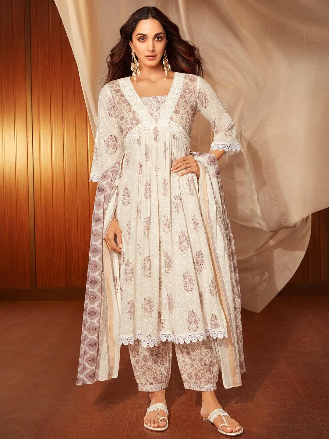 Jannat White Printed Cotton A-Line Kurta With Salwar & Dupatta