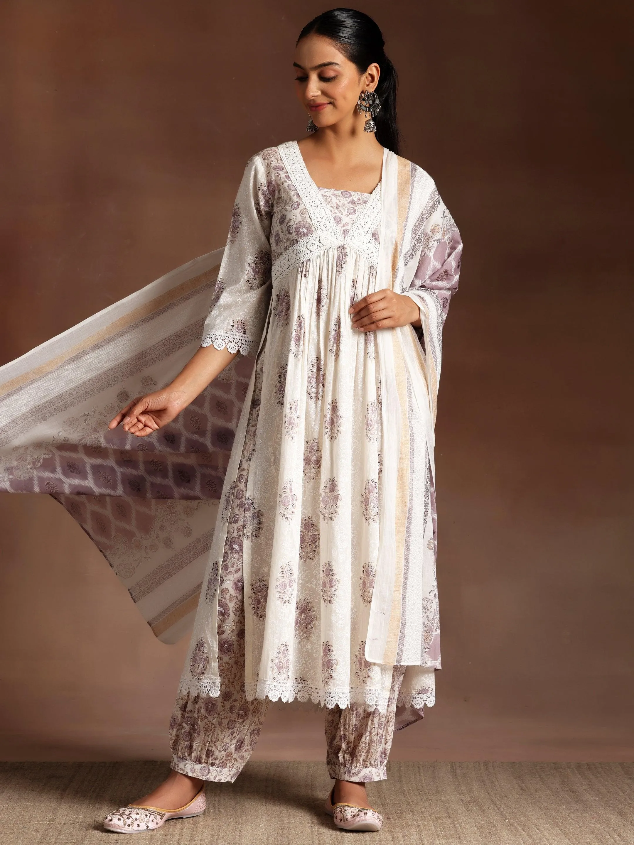 Jannat White Printed Cotton A-Line Kurta With Salwar & Dupatta