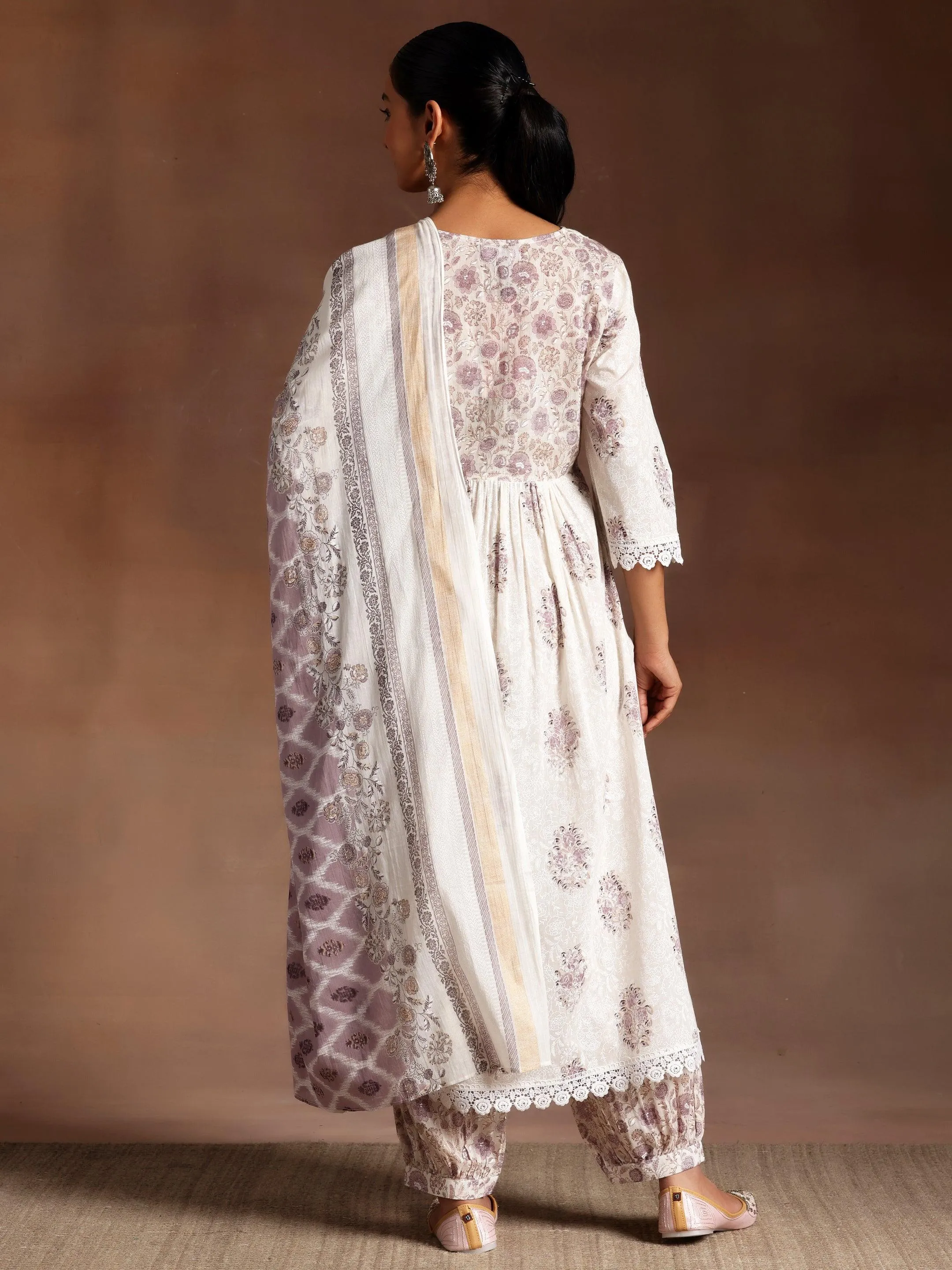 Jannat White Printed Cotton A-Line Kurta With Salwar & Dupatta