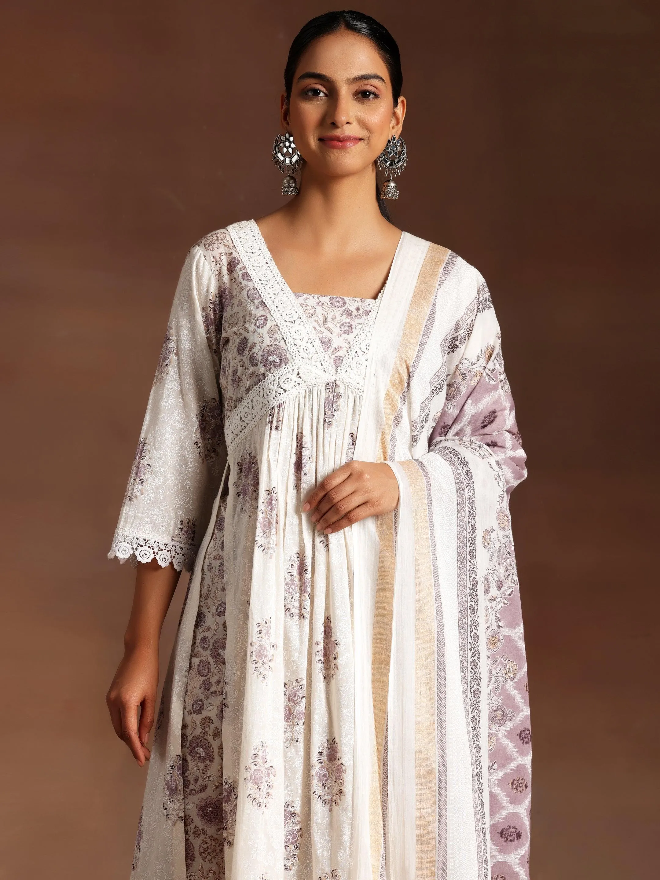 Jannat White Printed Cotton A-Line Kurta With Salwar & Dupatta