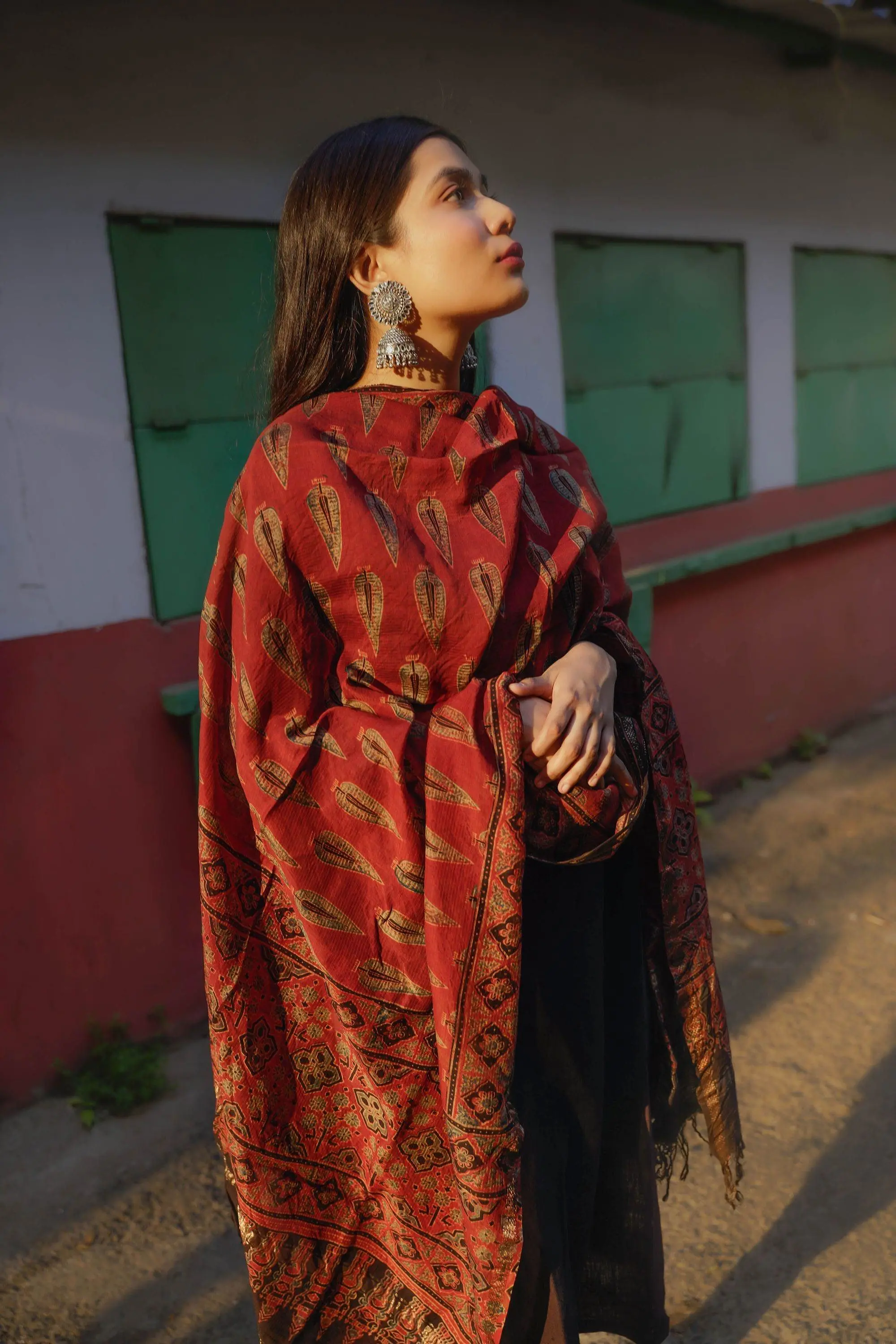 Kaisori Ajrakh Red Silk cotton dupatta