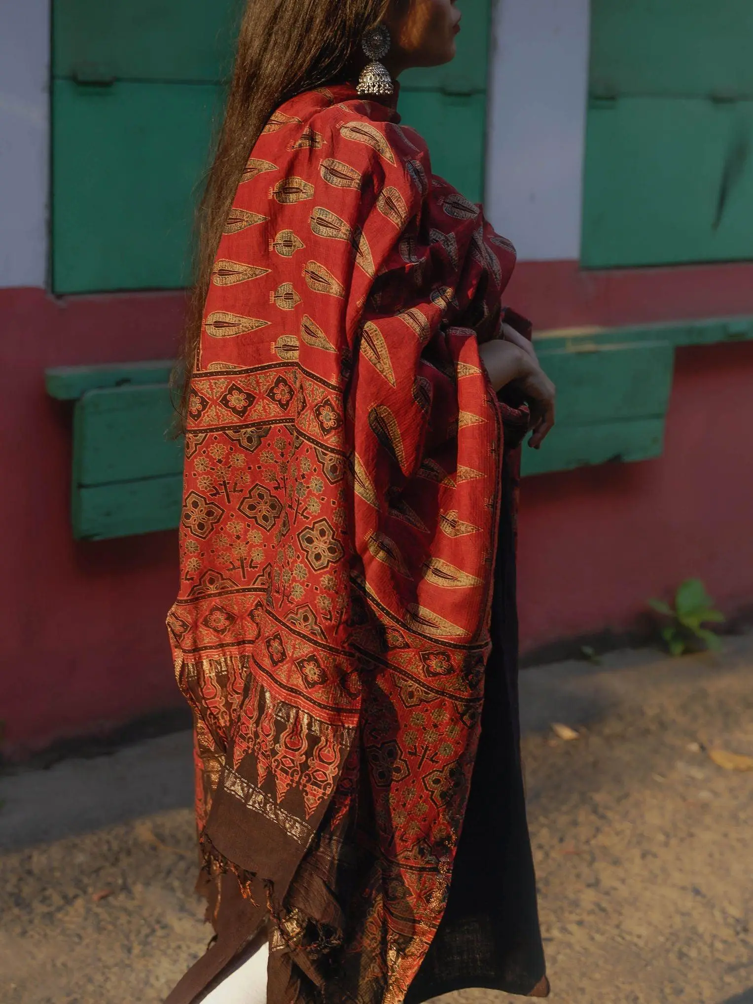 Kaisori Ajrakh Red Silk cotton dupatta