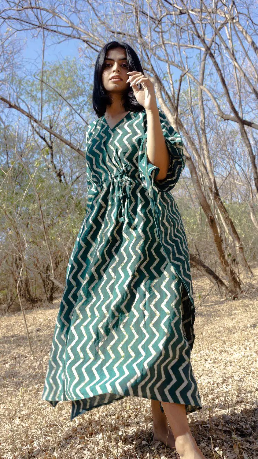 Kaisori Chevron new Mulmul natural dyed green paisley Kaftan