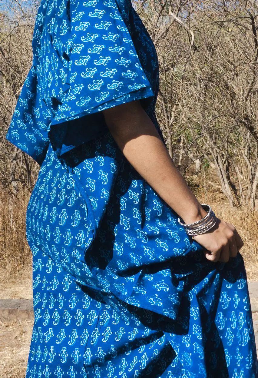 Kaisori Mulmul boota natural dyed Indigo block printed Kaftan