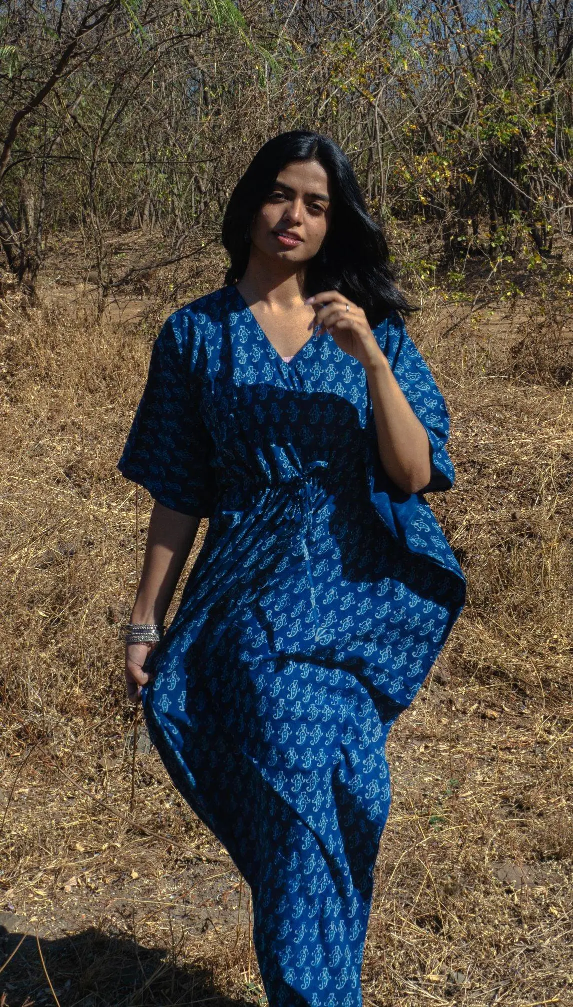 Kaisori Mulmul boota natural dyed Indigo block printed Kaftan