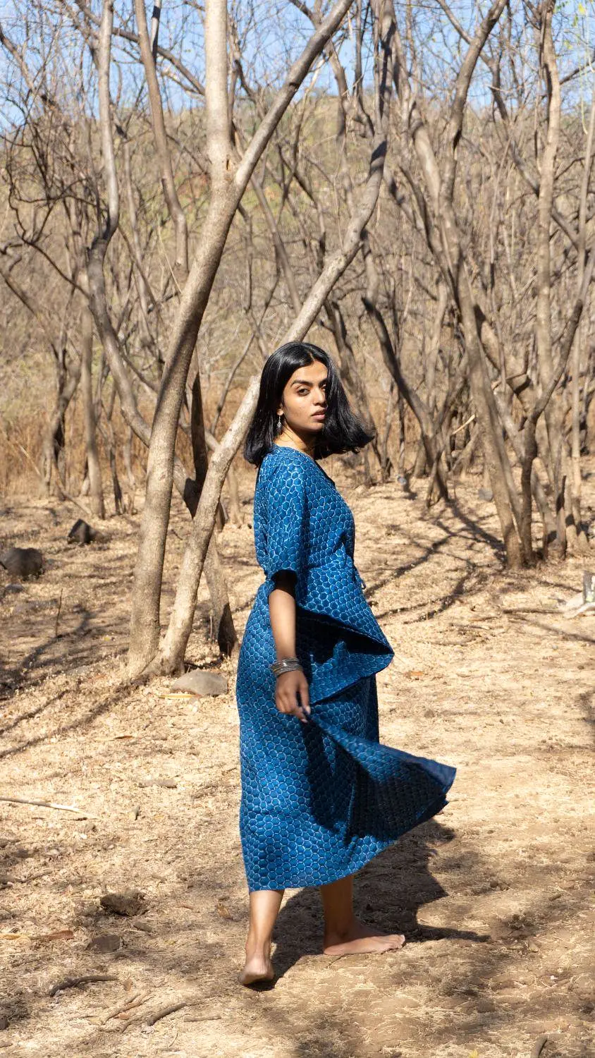 Kaisori Mulmul Chanda natural dyed Indigo block printed Kaftan