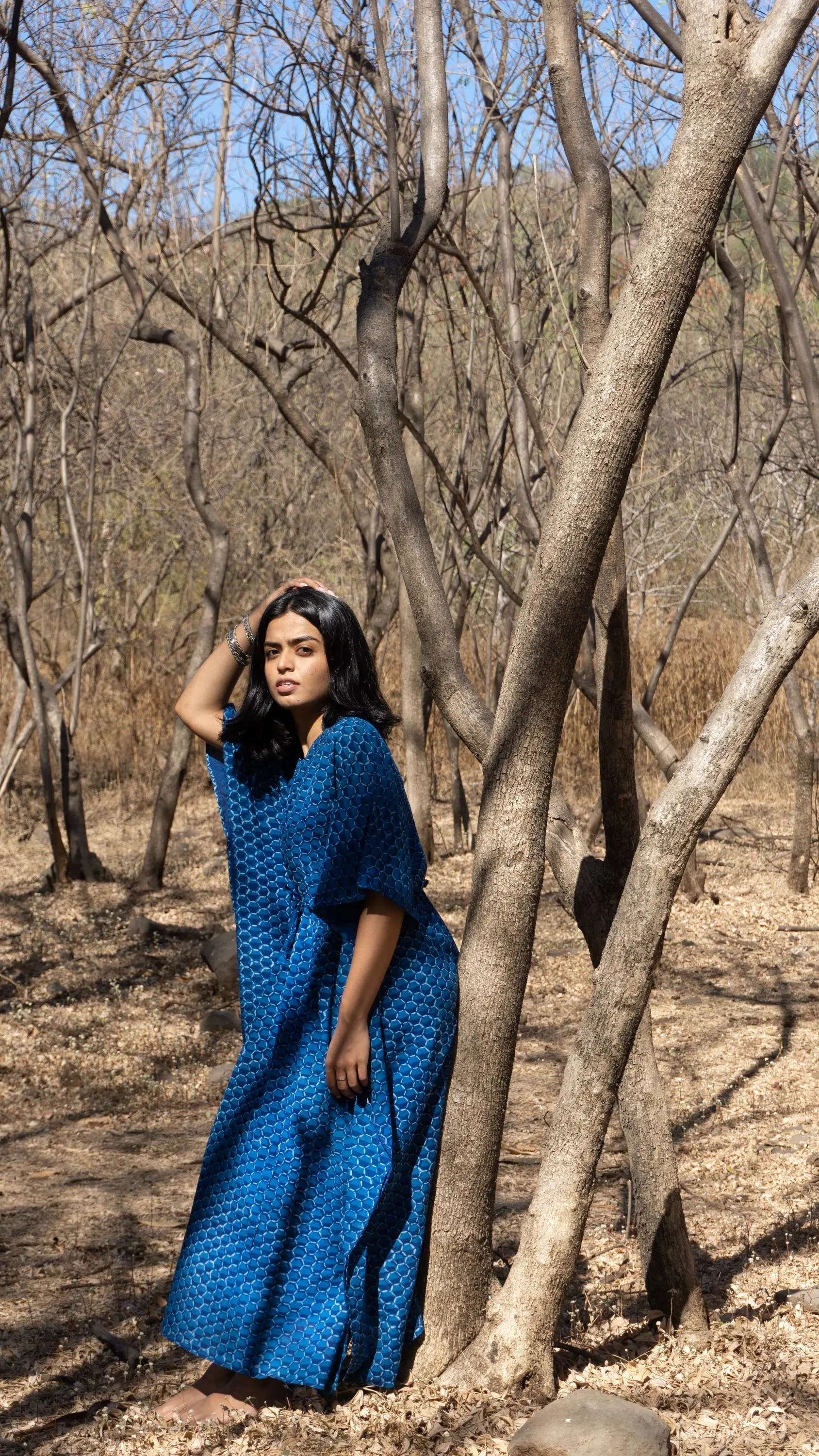 Kaisori Mulmul Chanda natural dyed Indigo block printed Kaftan