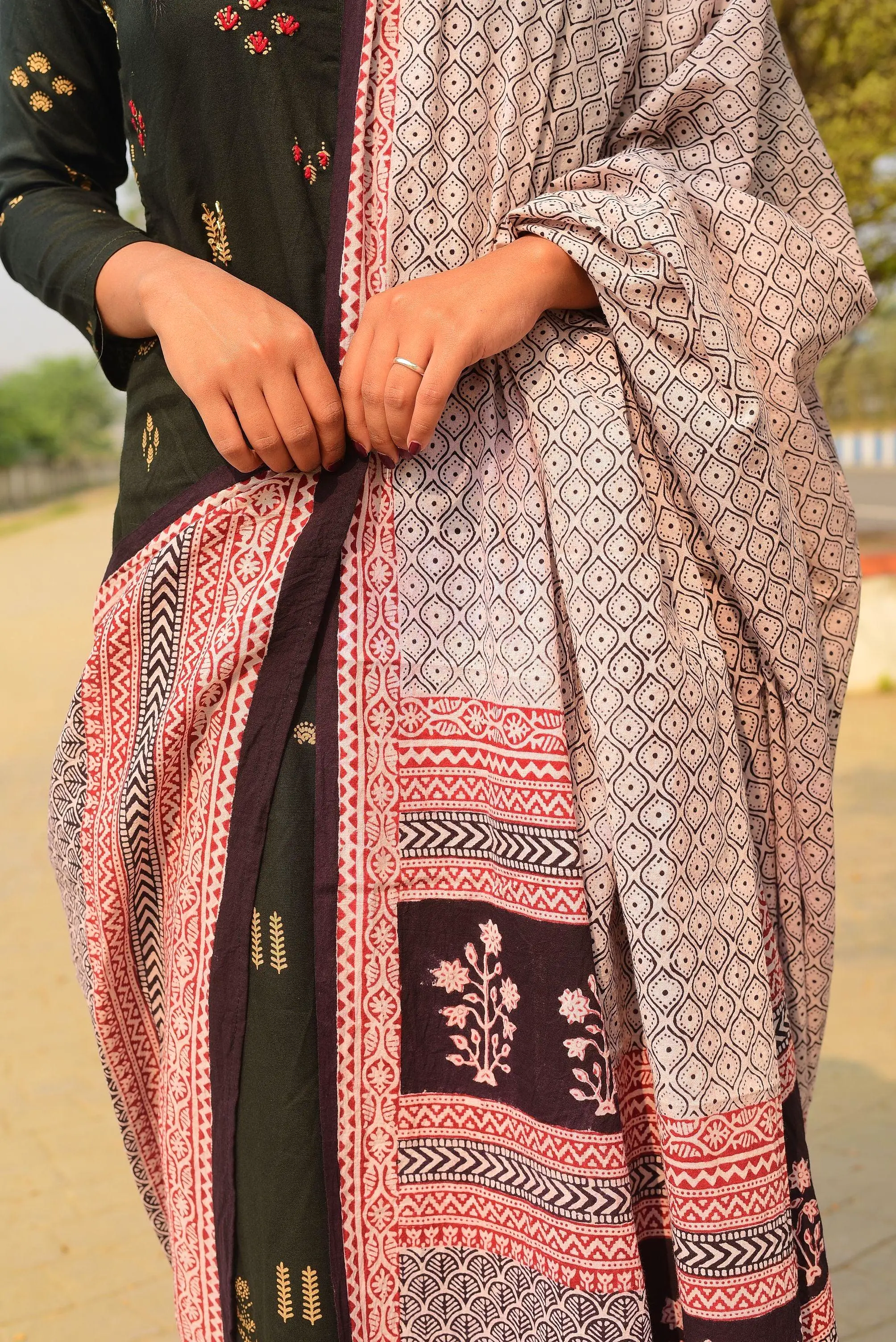 Kaisori Nandana collection - Bagh black honey comb block printed dupatta