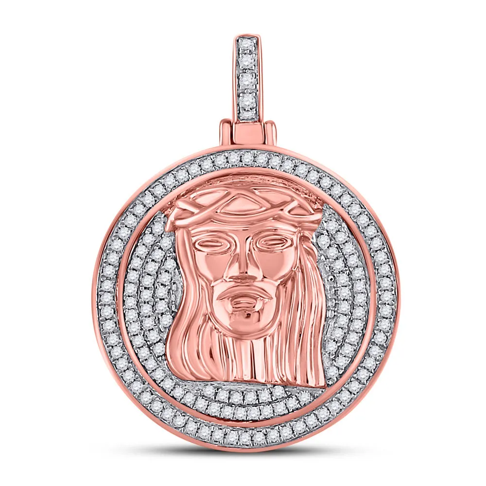 Keene Jewelers 10kt Rose Gold Mens Round Diamond Jesus Face Circle Charm Pendant 3/4 Cttw