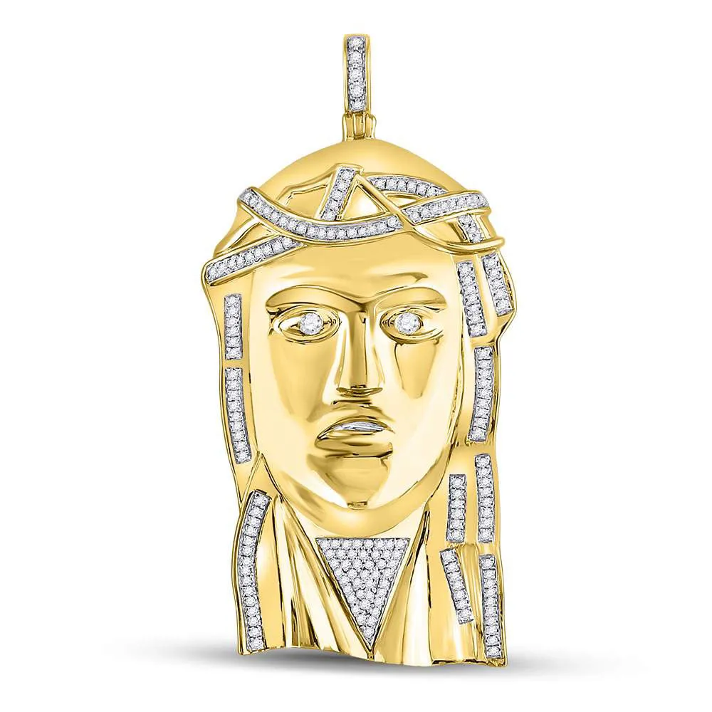 Keene Jewelers 10kt Yellow Gold Mens Round Diamond Jesus Face Charm Pendant 1/2 Cttw