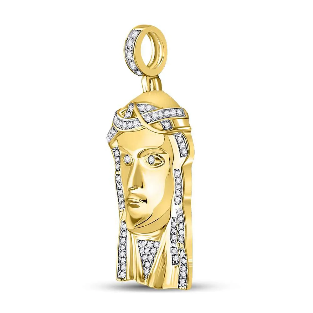 Keene Jewelers 10kt Yellow Gold Mens Round Diamond Jesus Face Charm Pendant 1/4 Cttw