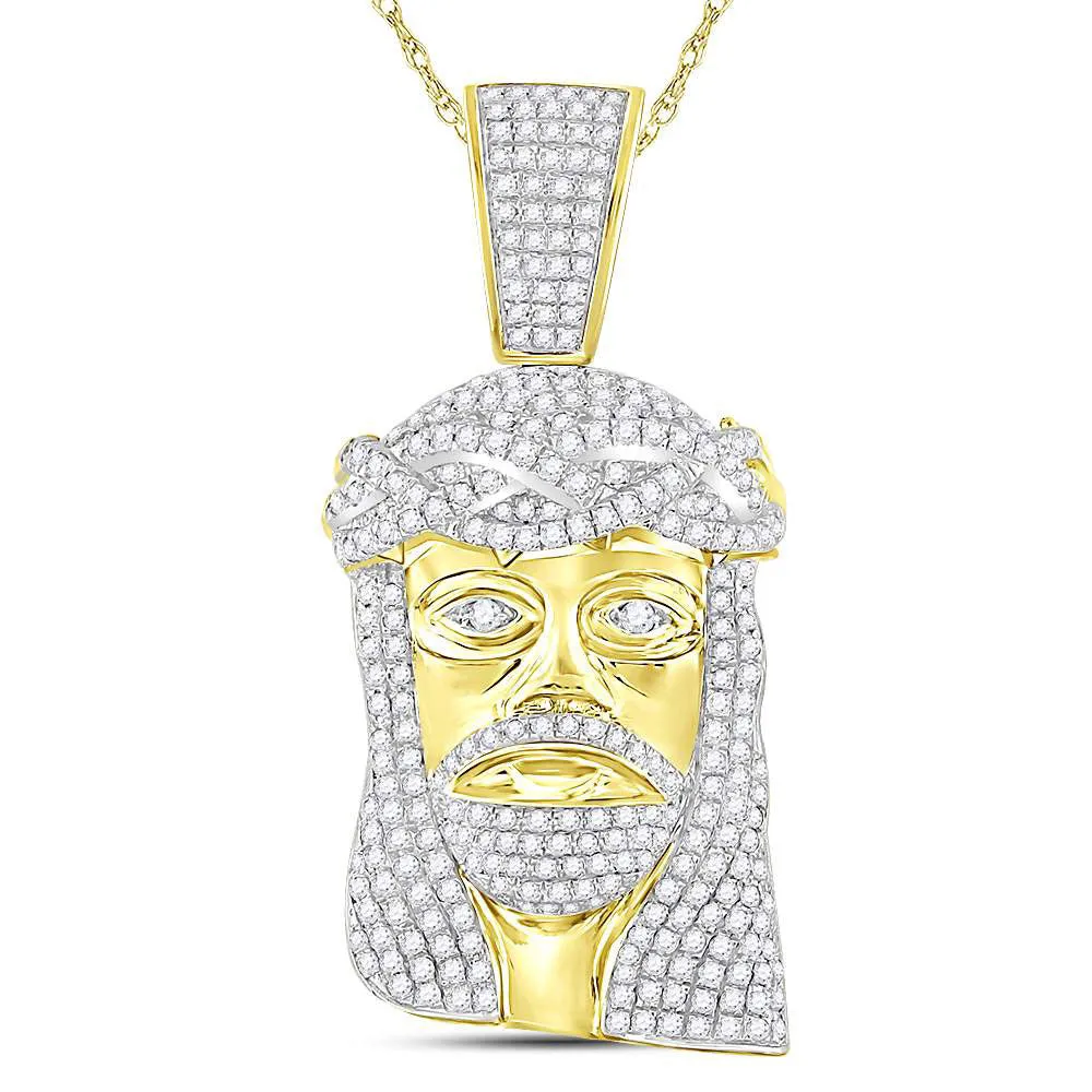 Keene Jewelers 10kt Yellow Gold Mens Round Diamond Jesus Face Charm Pendant 2-5/8 Cttw