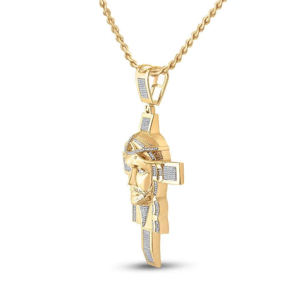 Keene Jewelers 10kt Yellow Gold Mens Round Diamond Jesus Face Cross Charm Pendant 1-1/4 Cttw