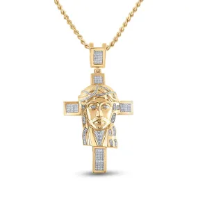 Keene Jewelers 10kt Yellow Gold Mens Round Diamond Jesus Face Cross Charm Pendant 1-1/4 Cttw