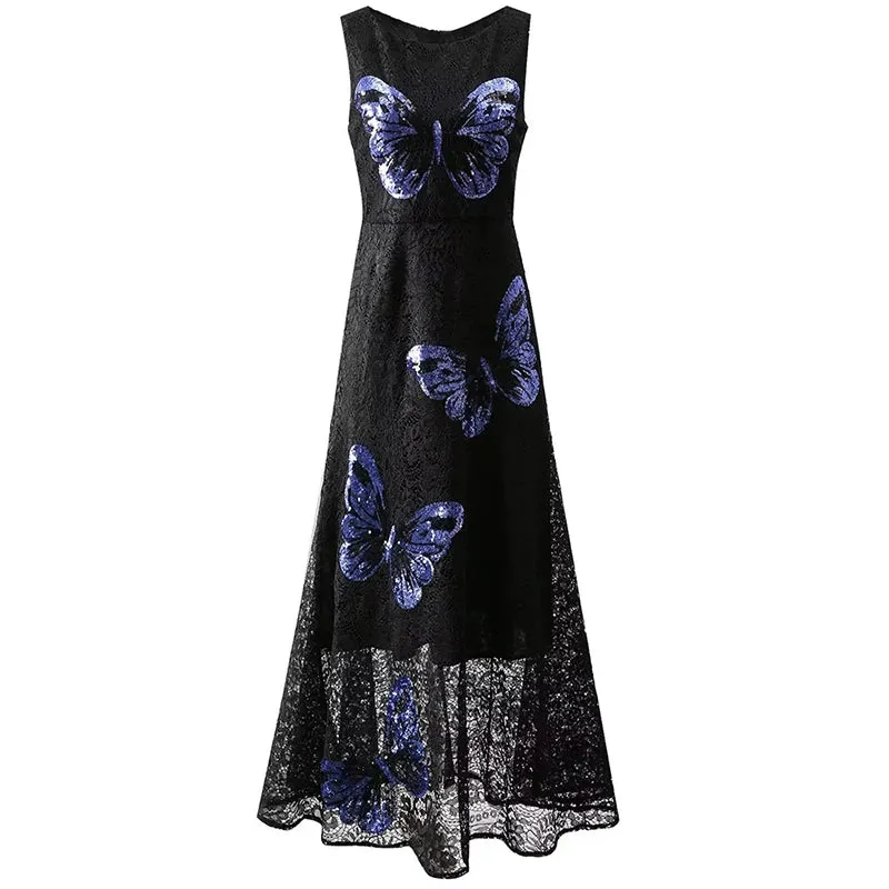 Leticia O-Neck Sleeveless Butterfly Sequins High Waist Vintage Dress