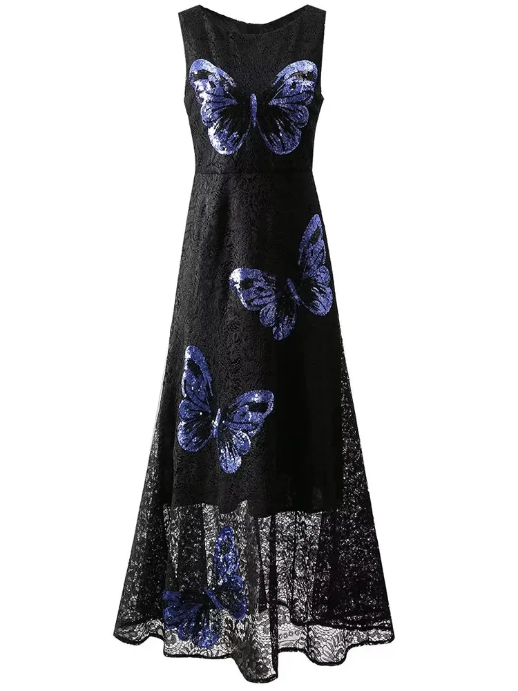 Leticia O-Neck Sleeveless Butterfly Sequins High Waist Vintage Dress