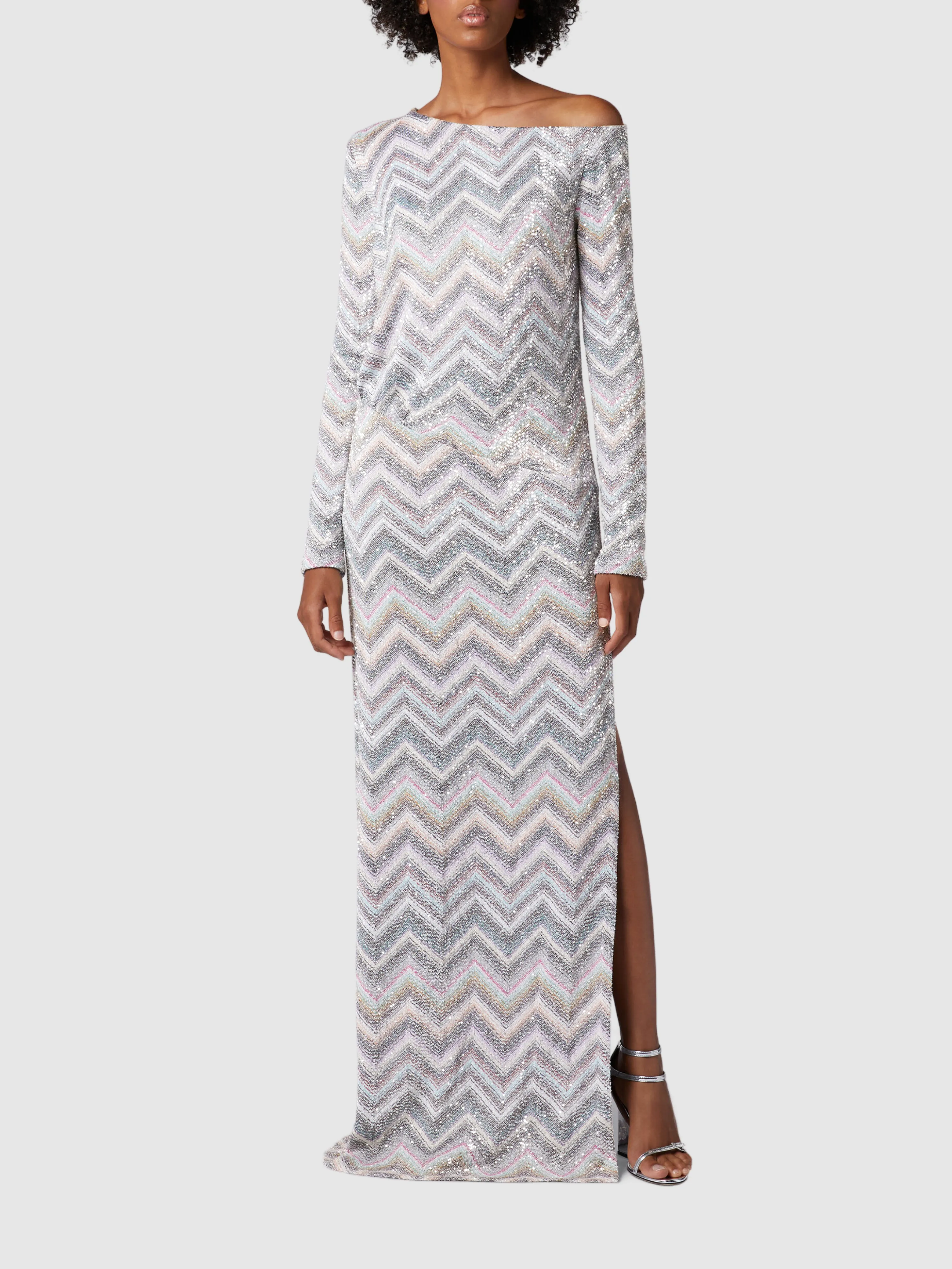 Light Grey Zig Zag Sequins Maxi Dress