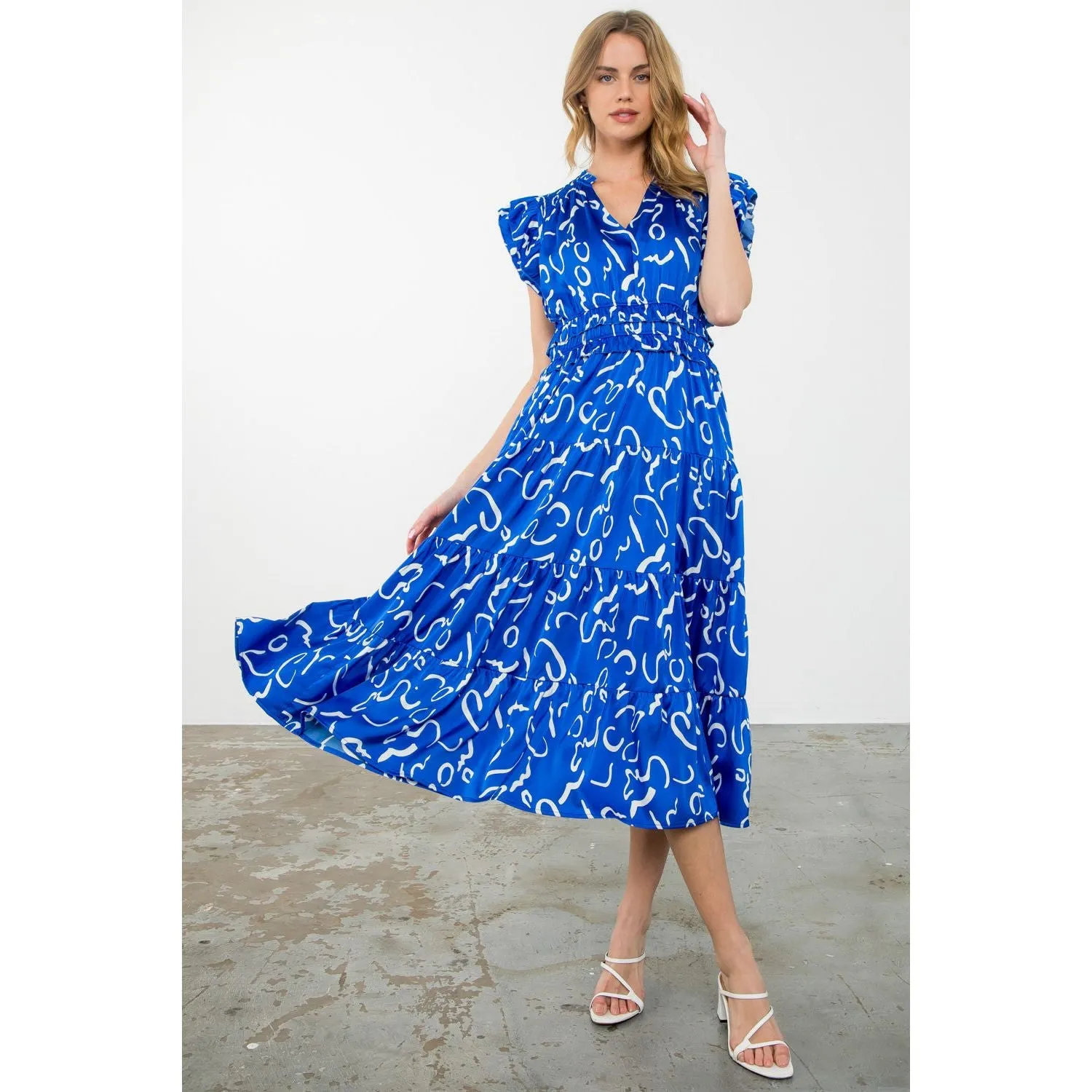 Lissa Flutter Sleeve Prit Tiered THML Maxi Dress