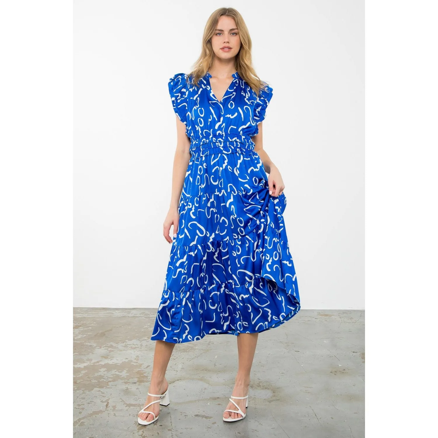 Lissa Flutter Sleeve Prit Tiered THML Maxi Dress