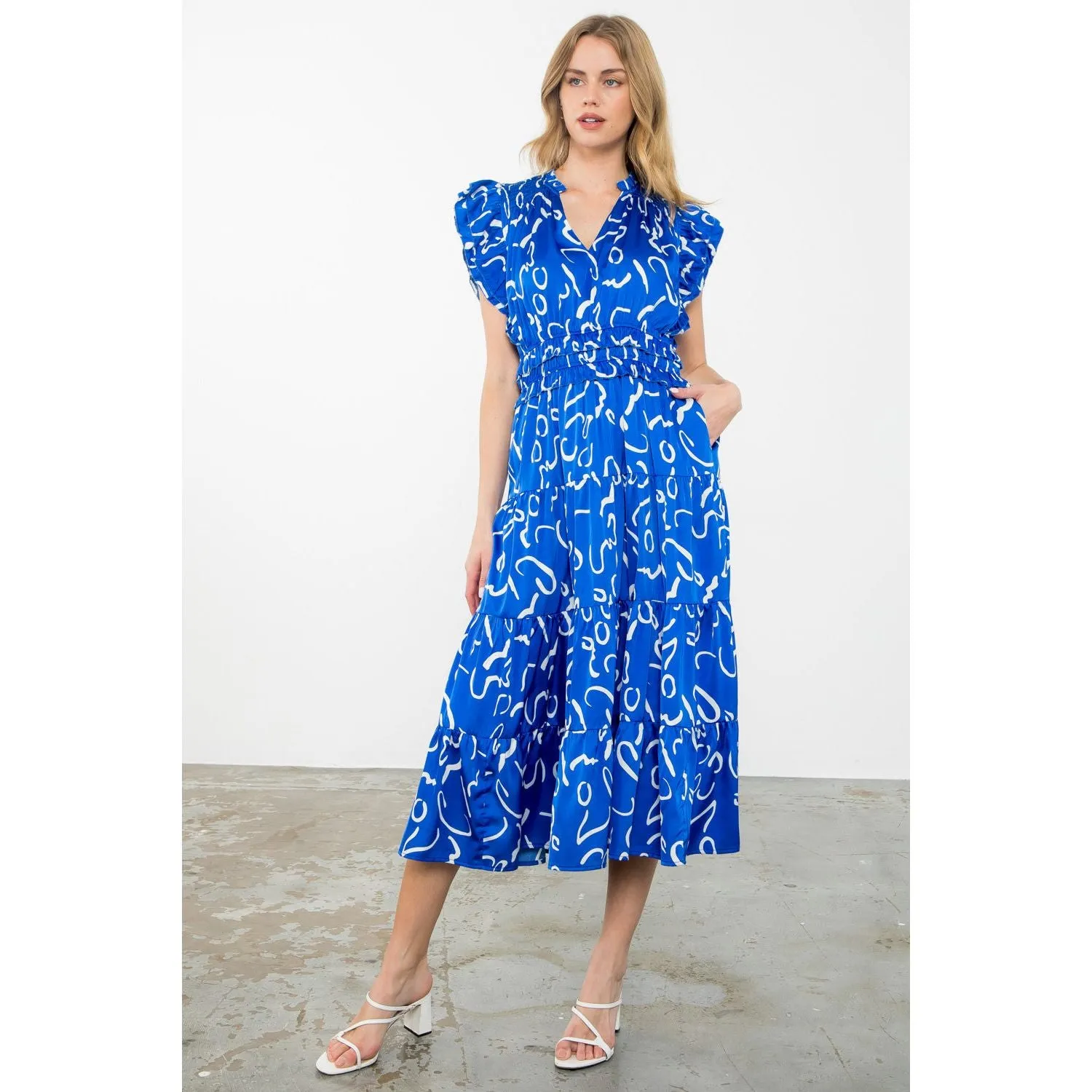 Lissa Flutter Sleeve Prit Tiered THML Maxi Dress