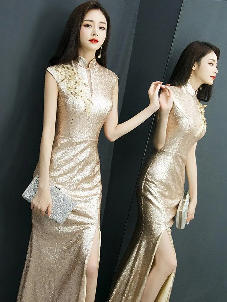 Mandarin Collar Formal Evening Dress Elegant Women Party Dress Cap Sleeve Side Split Robe De Soriee Champagne Sequins Vestidos