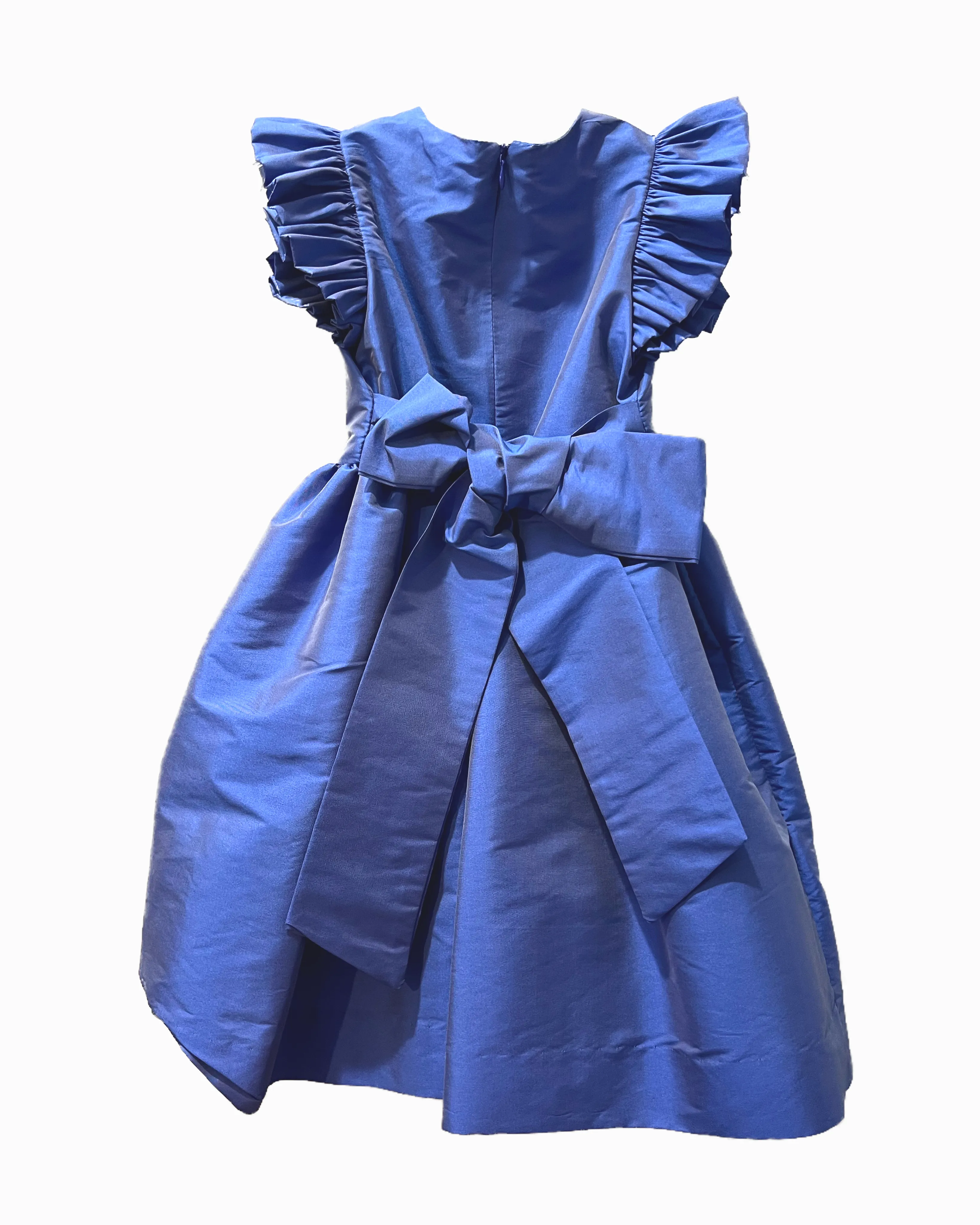 Medium blue faux silk flutter sleeve dress