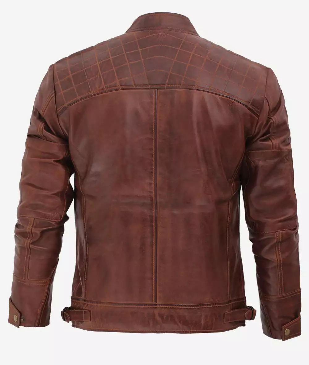 Men's Café Racer Cognac Leather Jacket - Quilted Shoulder