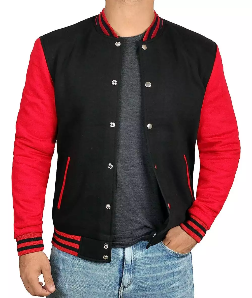 Men's Red and Black Varsity Jacket - Baseball Style Jacket